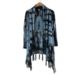 Akualani Women's Open Cardigan Blue Brown Tie-Dye Fringe Wool Blend Size M